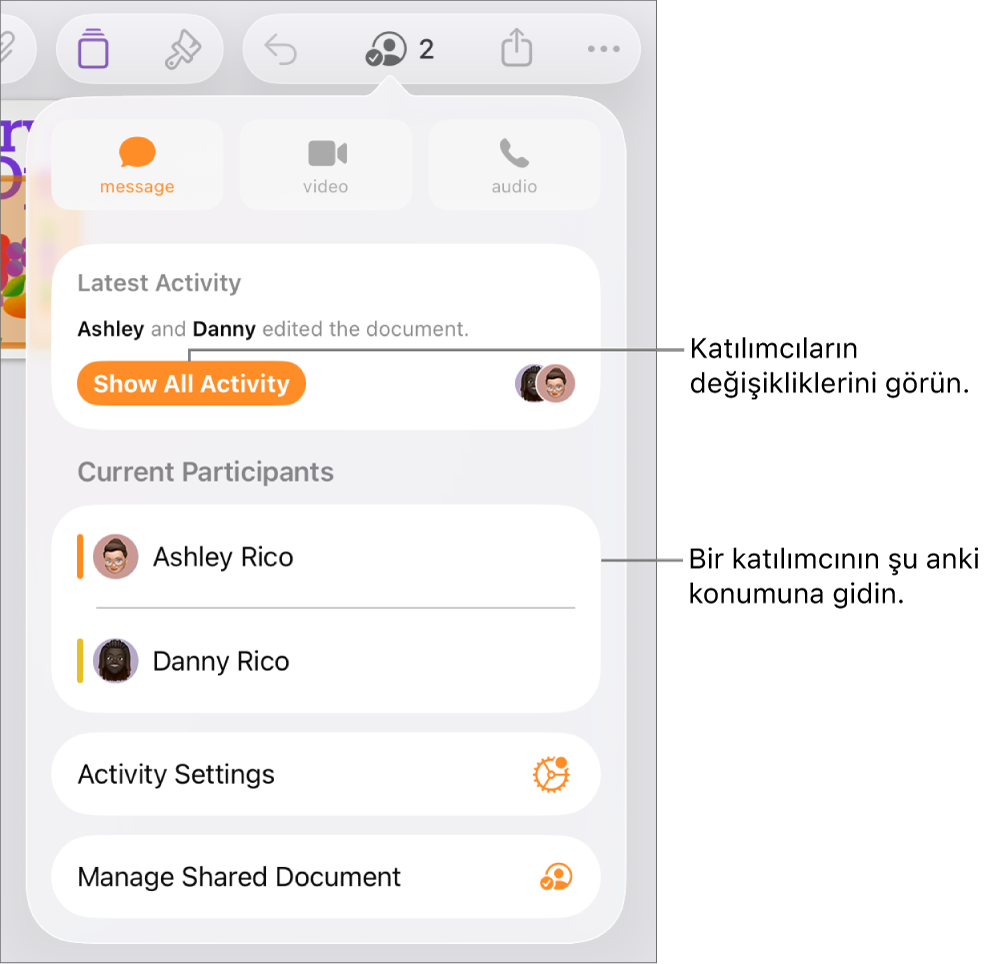 Ortak çalışma menüsünde güncel katılımcılar listeleniyor.