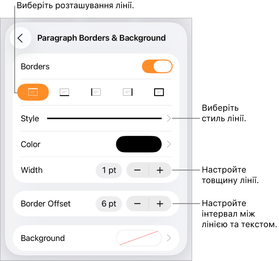 Елементи керування стилем, товщиною, положенням та кольором лінії.