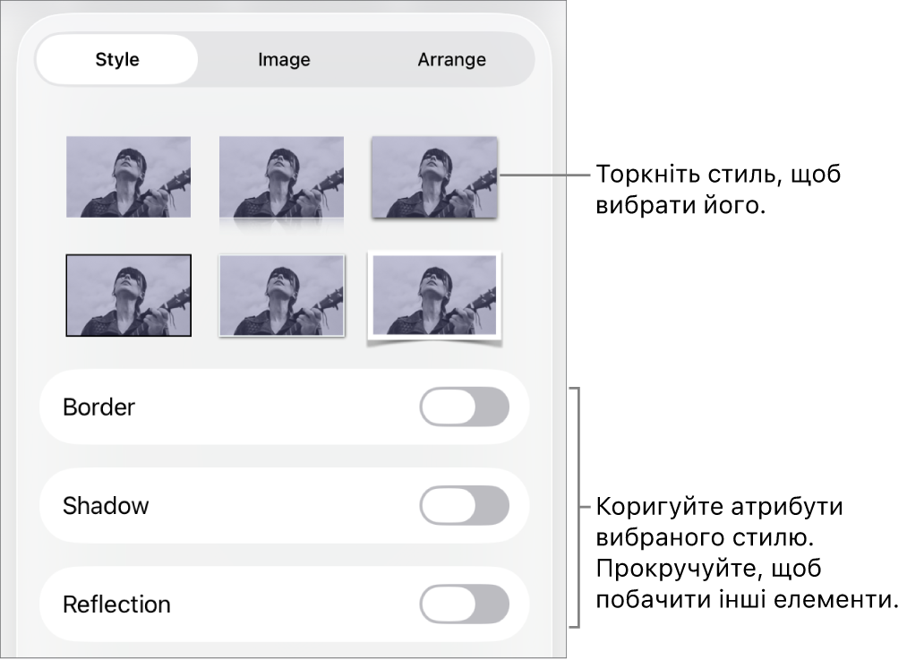 Вкладка «Стиль» в меню «Формат» зі стилями обʼєктів вгорі та елементами керування для змінення рамки, тіні, віддзеркалення й непрозорості внизу.