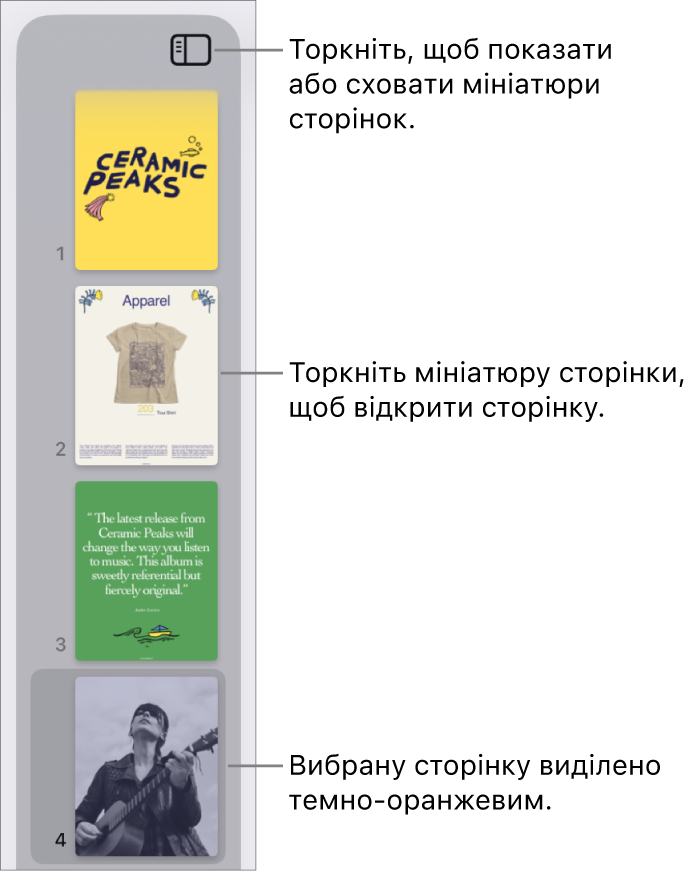 Перегляд мініатюр сторінок зліва на екрані, вибрано одну сторінку. Кнопка «Опції перегляду» над мініатюрами.