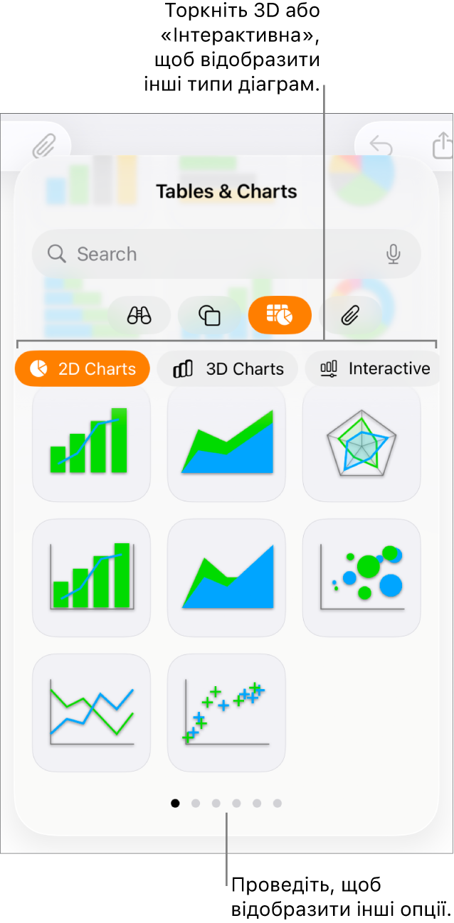 Меню «Додати діаграму» з 2D-діаграмами.