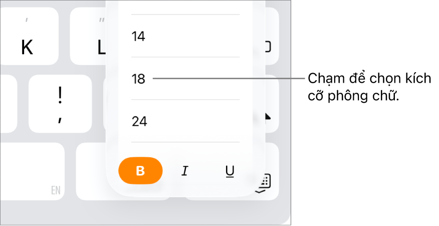 Nút Cỡ chữ nằm ở bên phải của bàn phím iPad với menu Cỡ chữ được mở. Các cỡ chữ tiêu chuẩn của chính phủ Trung Quốc đại lục xuất hiện ở đầu menu, cùng với các kích cỡ tính theo điểm ở bên dưới.