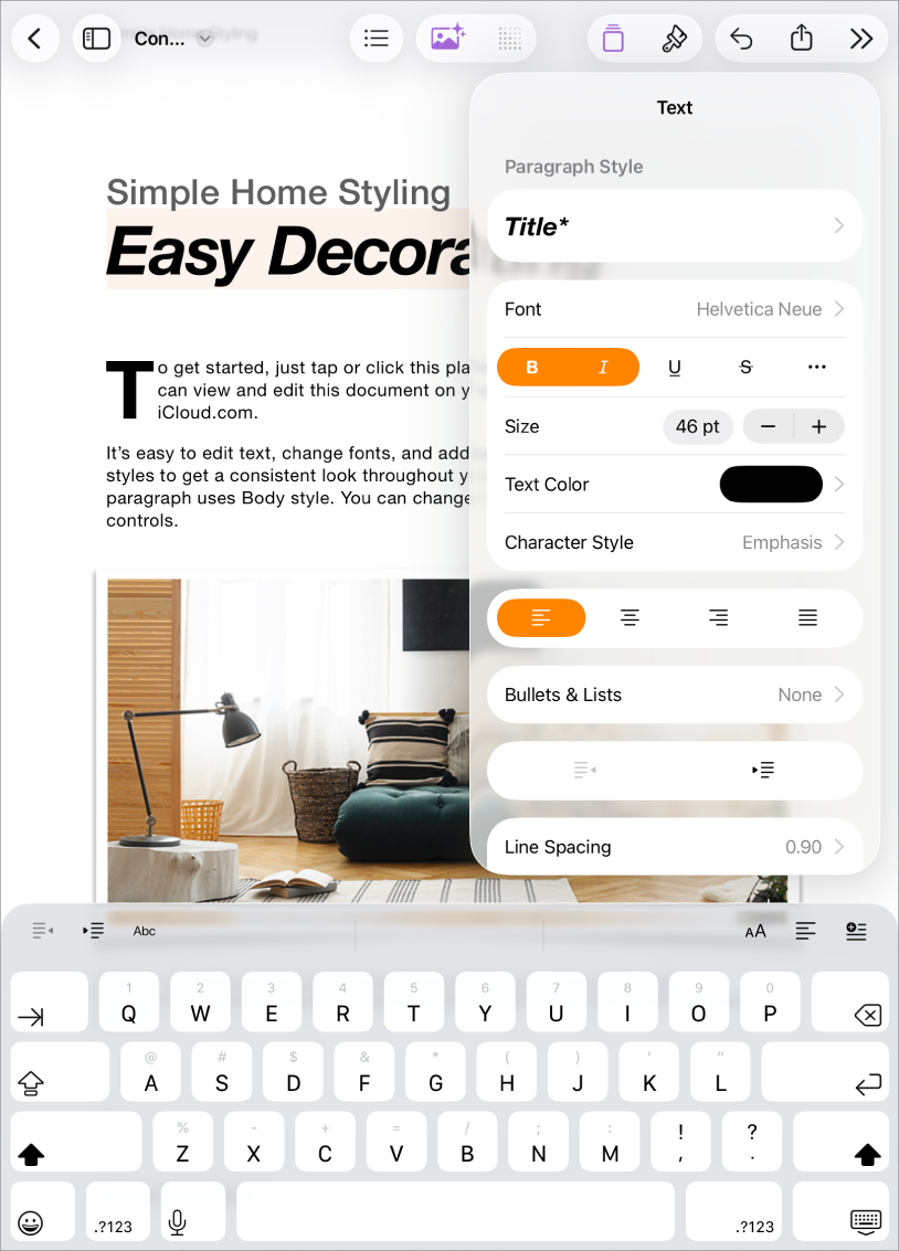 Tài liệu Pages đang mở với văn bản được chọn và các tùy chọn định dạng văn bản đang mở.