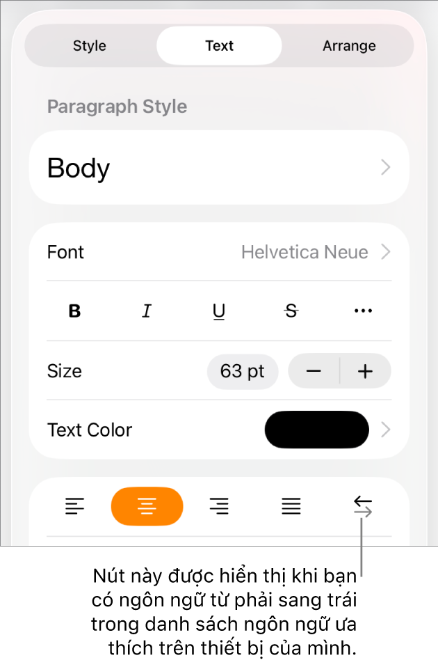 Các điều khiển văn bản trong menu Định dạng với chú thích đang trỏ tới nút Phải sang trái.
