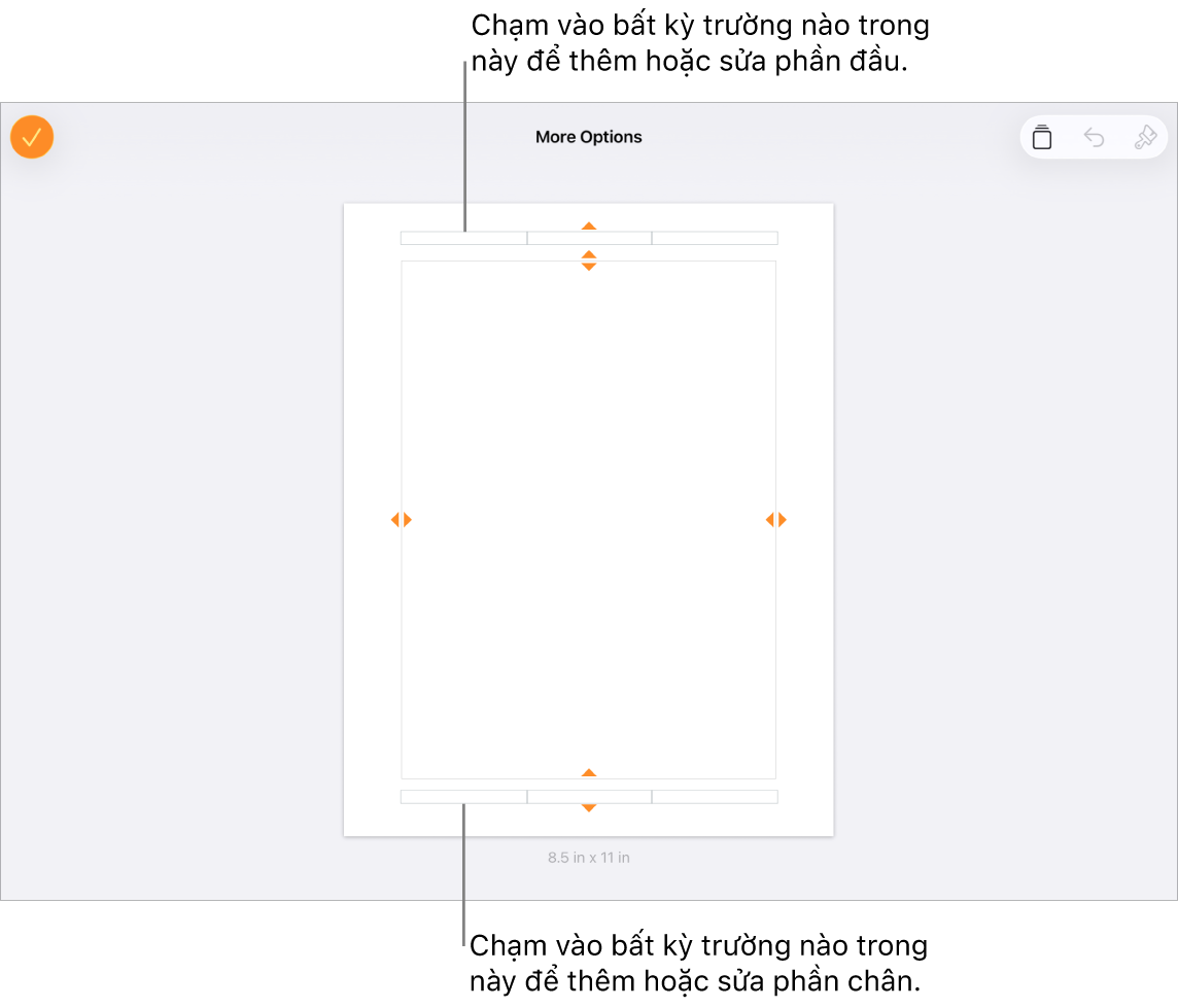 Chế độ xem Tùy chọn khác với ba trường ở đầu tài liệu cho các phần đầu và ba trường ở cuối tài liệu cho các phần chân.
