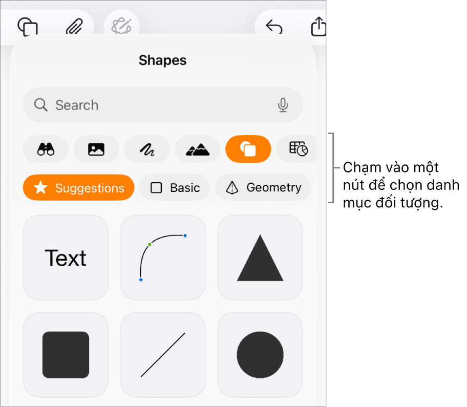 Các điều khiển để thêm đối tượng, với các nút ở trên cùng để chọn bảng, biểu đồ, hình (bao gồm các đường và hộp văn bản) và phương tiện.