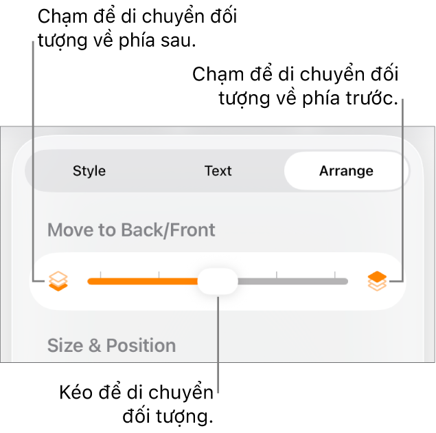 Nút Chuyển ra sau, nút Chuyển ra trước và thanh trượt tạo lớp.