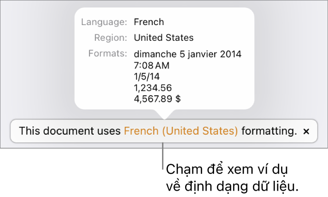 Thông báo về cài đặt ngôn ngữ và vùng khác, đang hiển thị các ví dụ về định dạng trong ngôn ngữ và vùng đó.