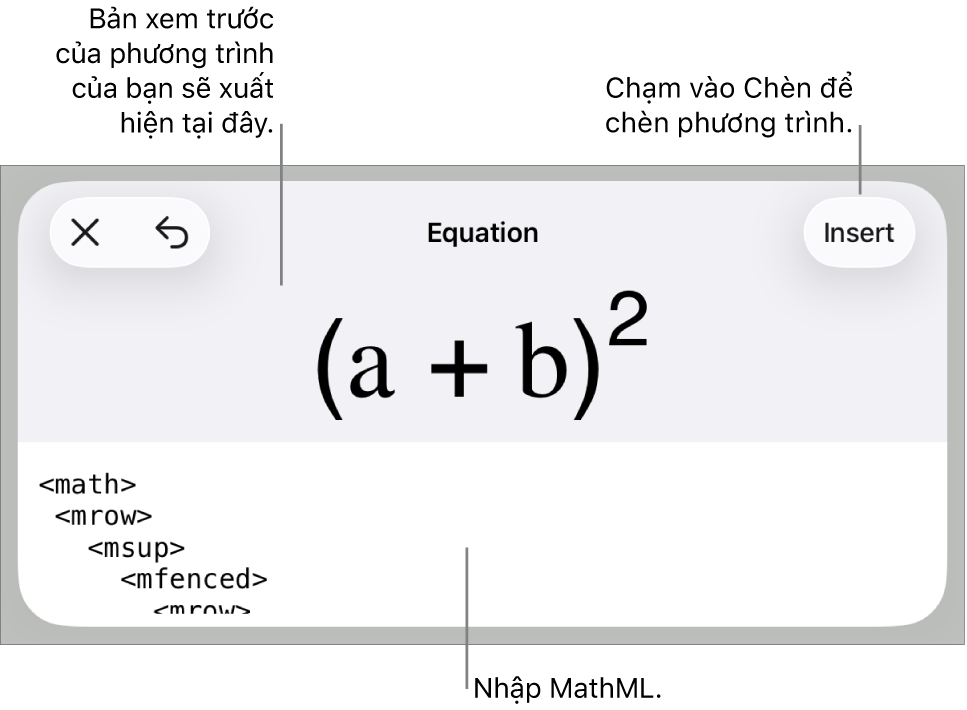 Hộp thoại Phương trình, đang hiển thị phương trình được viết bằng các lệnh MathML và bản xem trước của công thức ở bên trên.