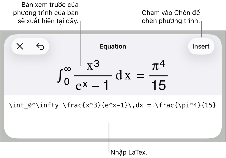 Hộp thoại Phương trình, đang hiển thị phương trình được viết bằng các lệnh LaTex và bản xem trước của công thức ở bên trên.