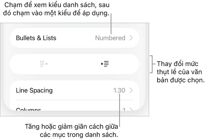 Phần Dấu đầu dòng & Danh sách của điều khiển Định dạng với các chú thích đến Dấu đầu dòng & Danh sách, các nút thụt lề và nhô lề và các điều khiển giãn cách dòng.
