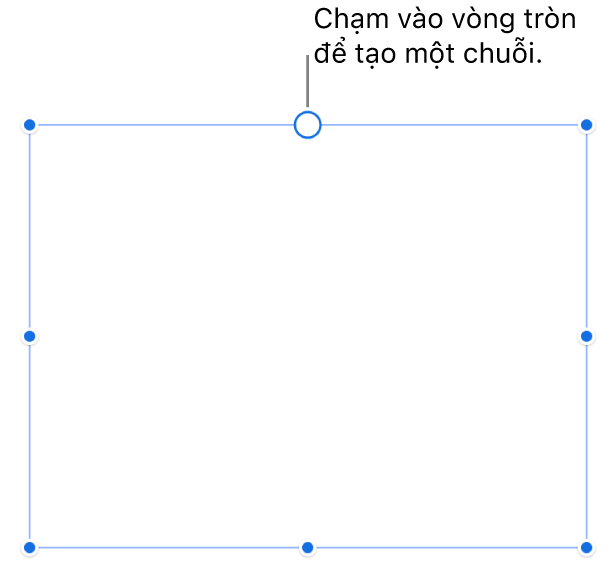 Một hộp văn bản trống với một vòng tròn màu trắng ở đầu và các bộ điều khiển định cỡ lại trên các góc, cạnh và dưới cùng.