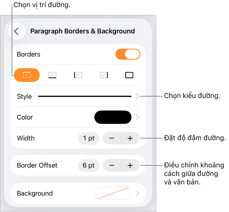 Các điều khiển để thay đổi kiểu đường, độ đậm, vị trí và màu.