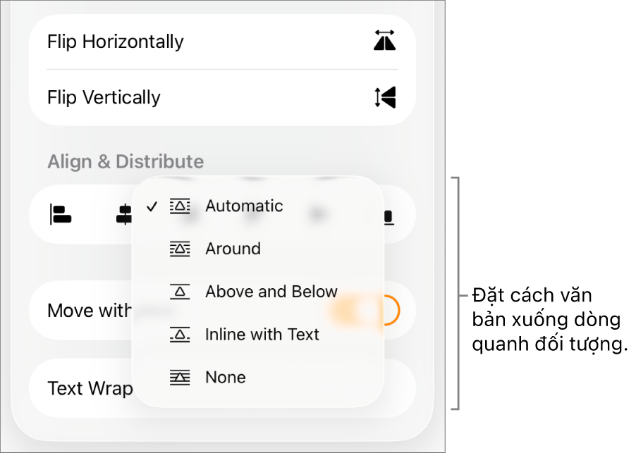 Các điều khiển Định dạng với tab Sắp xếp được chọn. Bên dưới là các điều khiển Ngắt dòng văn bản với Chuyển ra trước/sau, Chuyển với văn bản và Ngắt dòng văn bản.