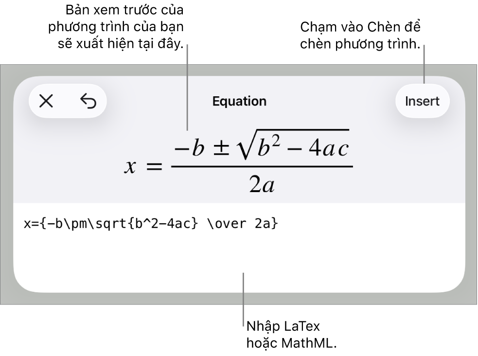 Hộp thoại Phương trình, đang hiển thị phương trình được viết bằng các lệnh MathML và bản xem trước của công thức ở bên trên.
