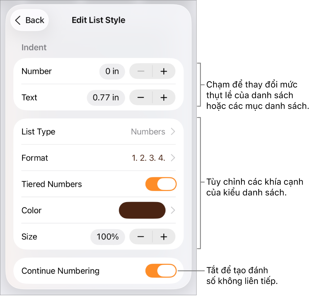 Menu Sửa kiểu danh sách với các điều khiển cho giãn cách thụt lề, kích cỡ và màu danh sách cũng như đánh số tiếp tục.