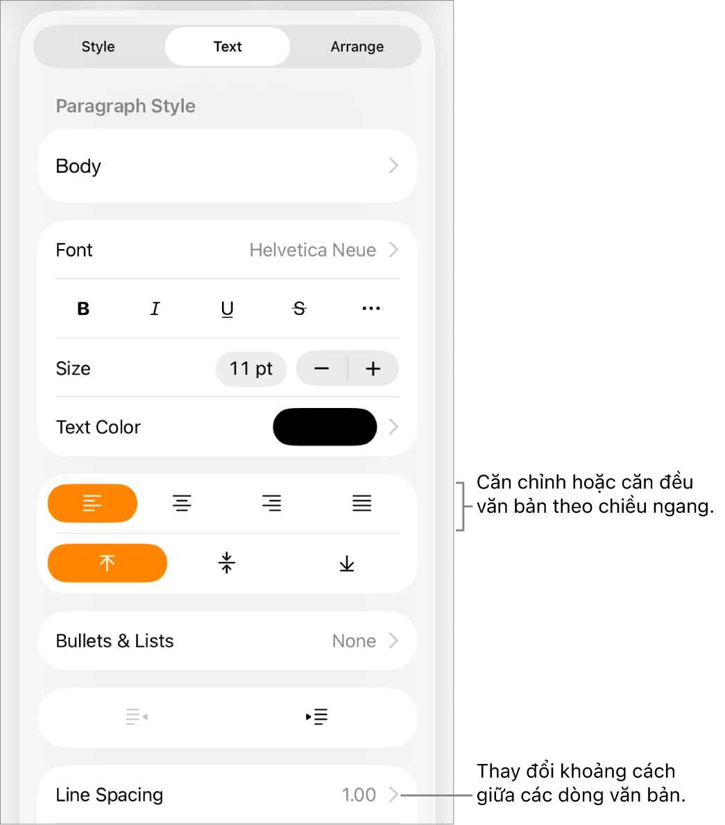 Nút điều khiển Định dạng với tab Văn bản được chọn và các lời nhắc cho các nút căn chỉnh văn bản và mục menu Giãn cách dòng.