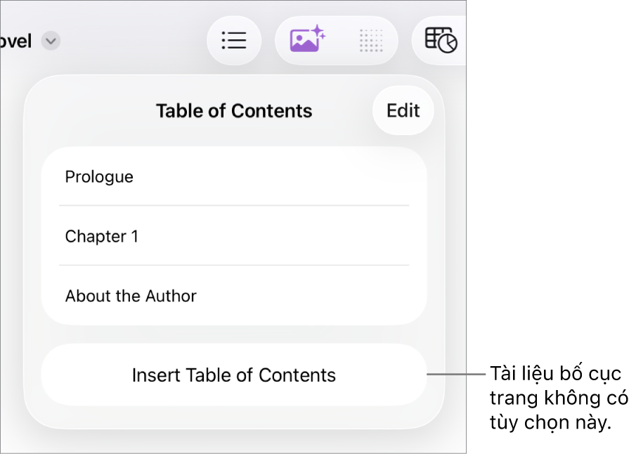 Chế độ xem bảng mục lục với nút Sửa ở góc trên cùng bên phải, các mục nhập BML và nút Chèn bảng mục lục ở dưới cùng.