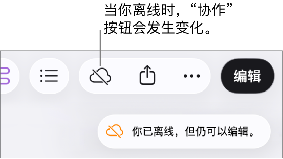 屏幕上的提醒显示：“你已离线，但仍可以编辑。”