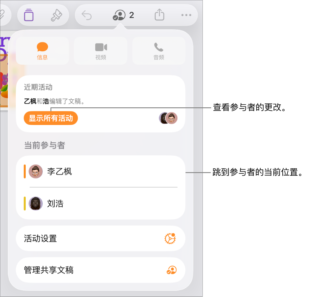 列出了当前参与者的协作菜单。