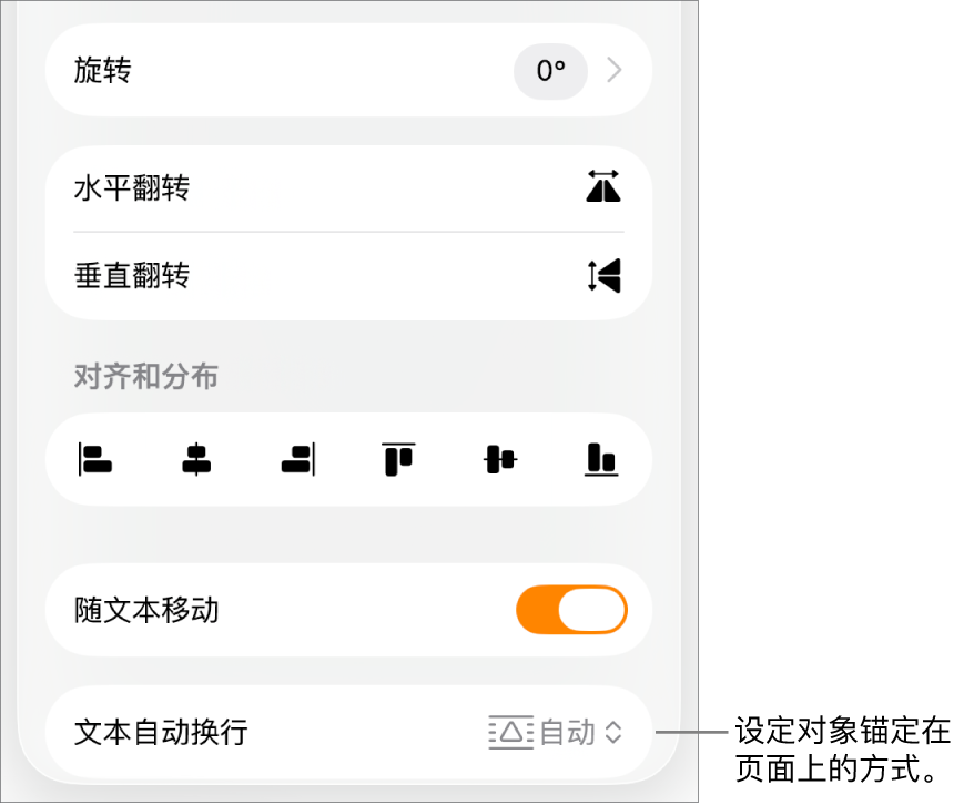 “格式”控制，显示被选中的“排列”标签以及“移至后面/前面”、“随文本移动”和“文本自动换行”控制。