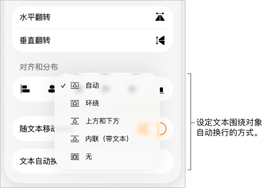 “格式”控制，其中“排列”标签被选中。其下方是含“移至后面/前面”、“随文本移动”和“文本自动换行”的“文本自动换行”控制。