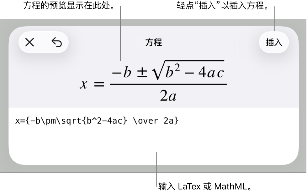 “方程”对话框，显示使用 MathML 命令所写的方程，以及上方公式的预览。