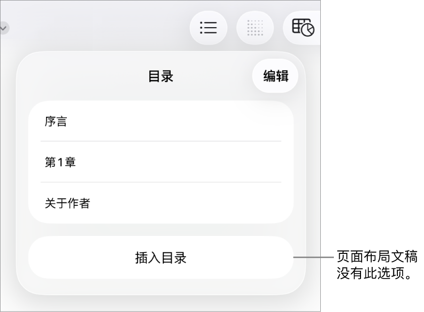 目录视图，右上角是“编辑”，底部是目录条目和“插入目录”按钮。
