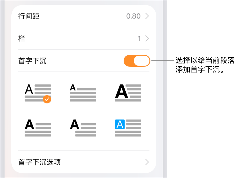 位于“文本”菜单中的“首字下沉”控制。