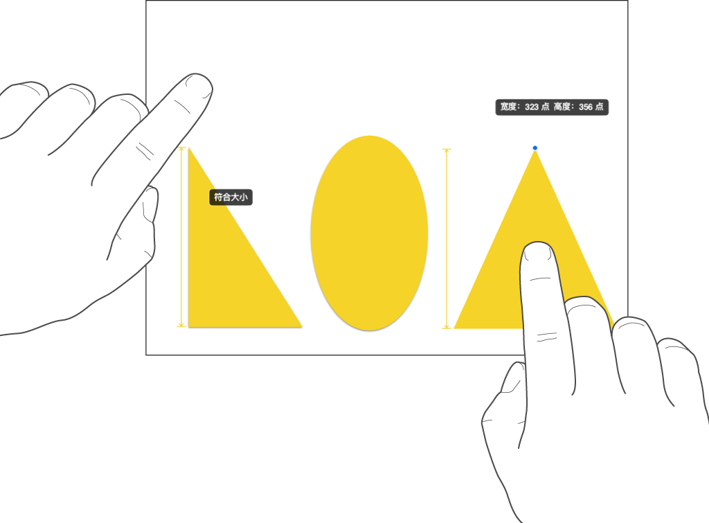 一个手指放在某个形状的上方，另一个手指按住对象，屏幕上出现“符合大小”。