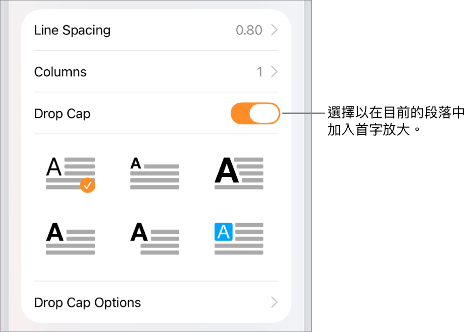 「首字放大」控制項目位於「文字」選單。