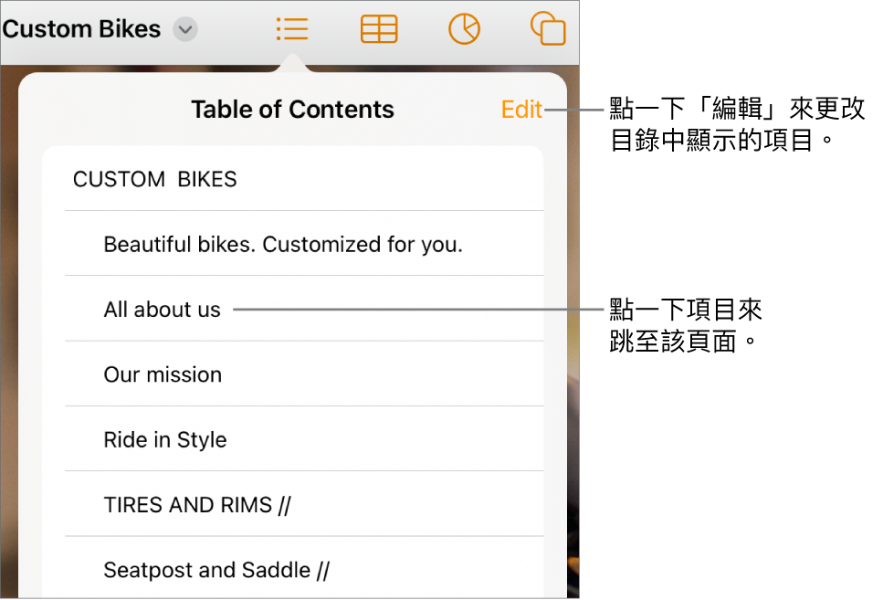 目錄顯示方式，列表中列出各個項目。「編輯」按鈕位於顯示方式的右上角。