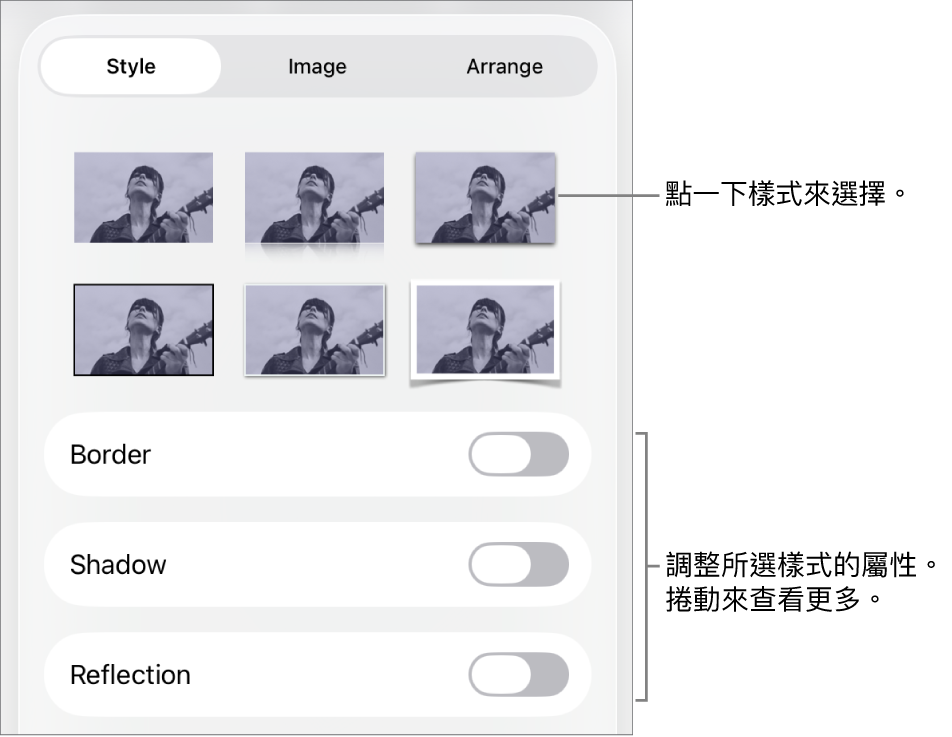 「格式」選單中的「樣式」分頁，最上方為物件樣式，下方為用於更改邊線、形狀、倒影和不透明度的控制項目。
