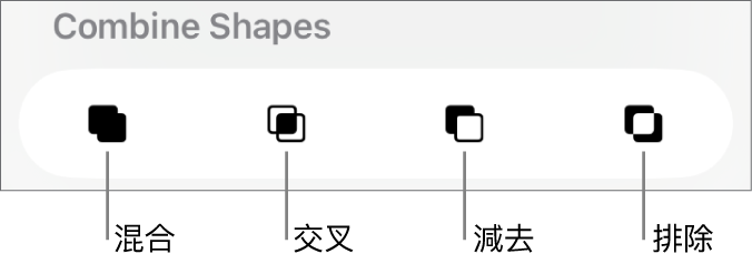 「混合」、「交叉」、「減去」和「排除」按鈕位於「合併形狀」下方。