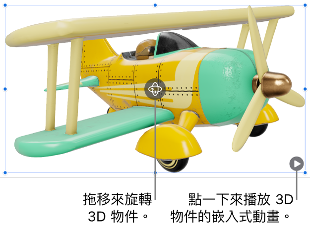 3D 物件的中間有「旋轉」按鈕，而「播放」按鈕則位於右下角。