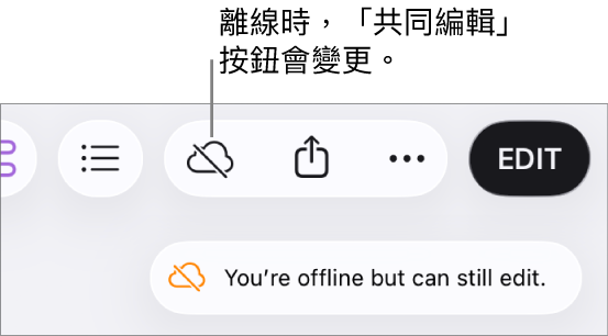螢幕上的警示顯示「你已離線，但仍可進行編輯。」