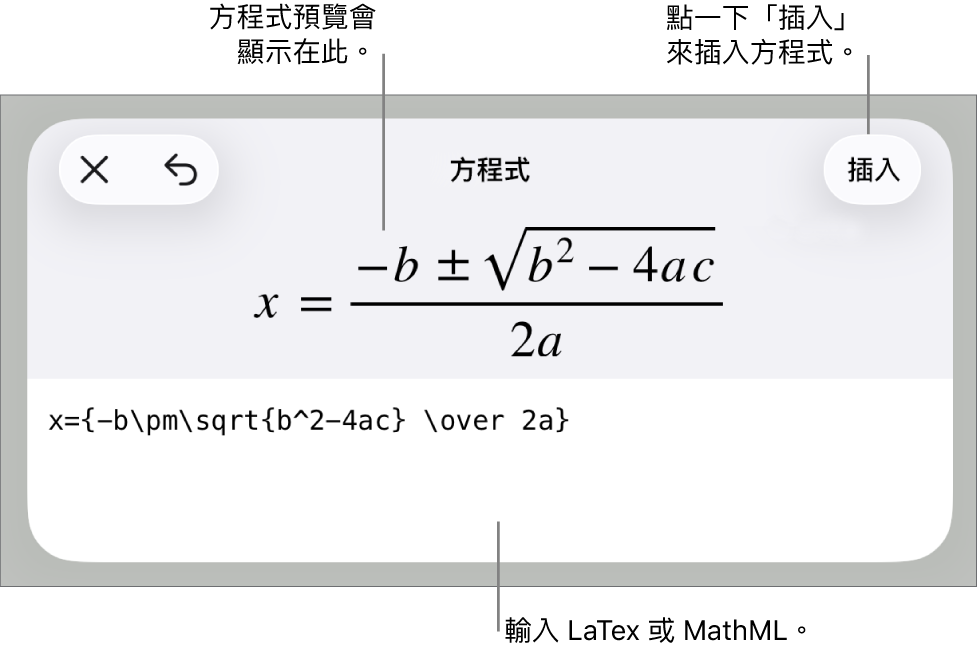 「方程式」對話框,顯示使用 MathML 指令寫入的方程式,上方是公式的預覽。