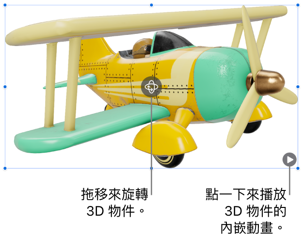 一個 3D 物件的中央有「旋轉」按鈕,有下方有「播放」按鈕。