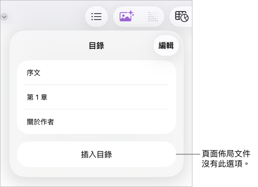 目錄顯示方式,「編輯」位於右上角;目錄項目和「插入目錄」按鈕位於底部。