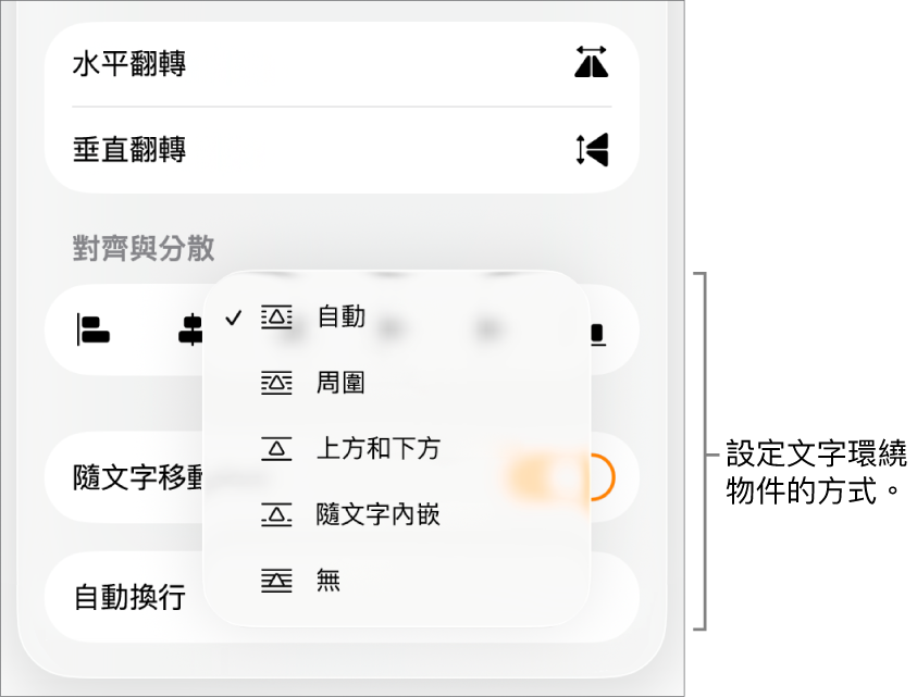 已選取「排列」標籤頁的「格式」控制項目。其下方為帶有「移至最後/最前」、「隨文字移動」和「文字環繞」的「文字環繞」控制項目。