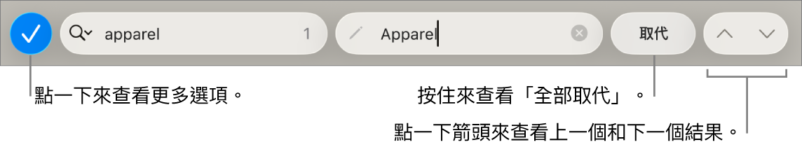 鍵盤上方的「尋找與取代」控制項目，帶有說明文字指向「搜尋選項」、「取代」、「往上」和「往下」按鈕
