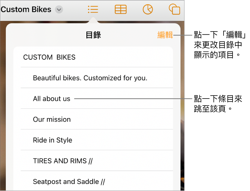 目錄顯示畫面,列表中列出項目。「編輯」按鈕位於顯示方式的右上角。