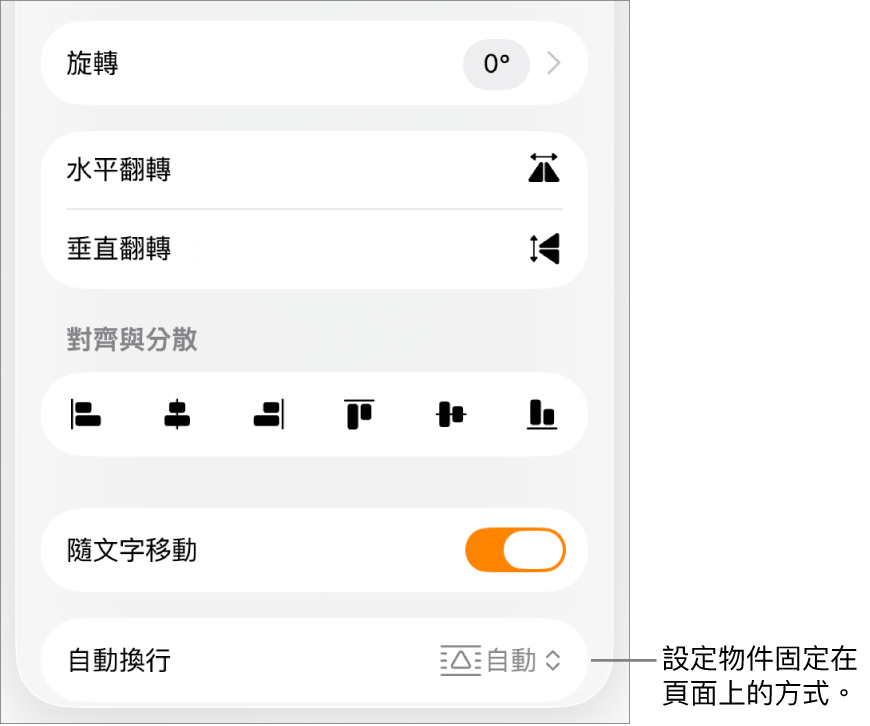已選取「排列」標籤頁與「移至最後/最前」、「隨文字移動」和「文字環繞」的控制項目的「格式」控制項目。
