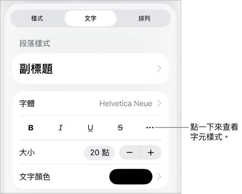 帶有段落樣式的「格式」控制項目位於最上方，然後是「字體」控制項目。「字體」下方為「粗體」、「斜體」、「底線」、「刪除線」和「更多文字選項」按鈕。