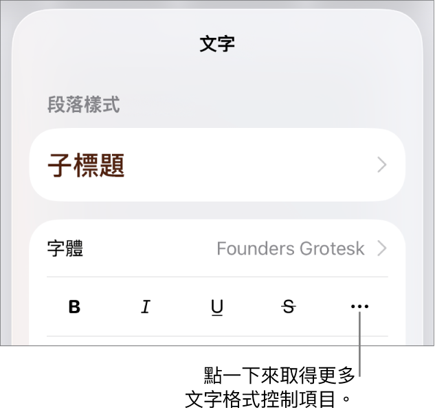 「格式」控制項目的「文字」標籤頁，說明文字指向「更多文字選項」按鈕。