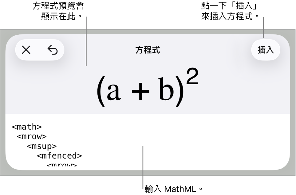 「方程式」對話框，顯示使用 MathML 指令寫入的方程式，上方是公式的預覽。