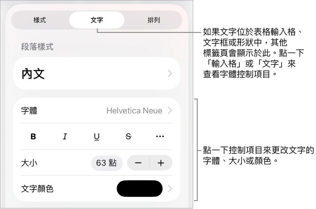 「格式」選單中設定段落及字元樣式、字體、大小和顏色的文字控制項目。