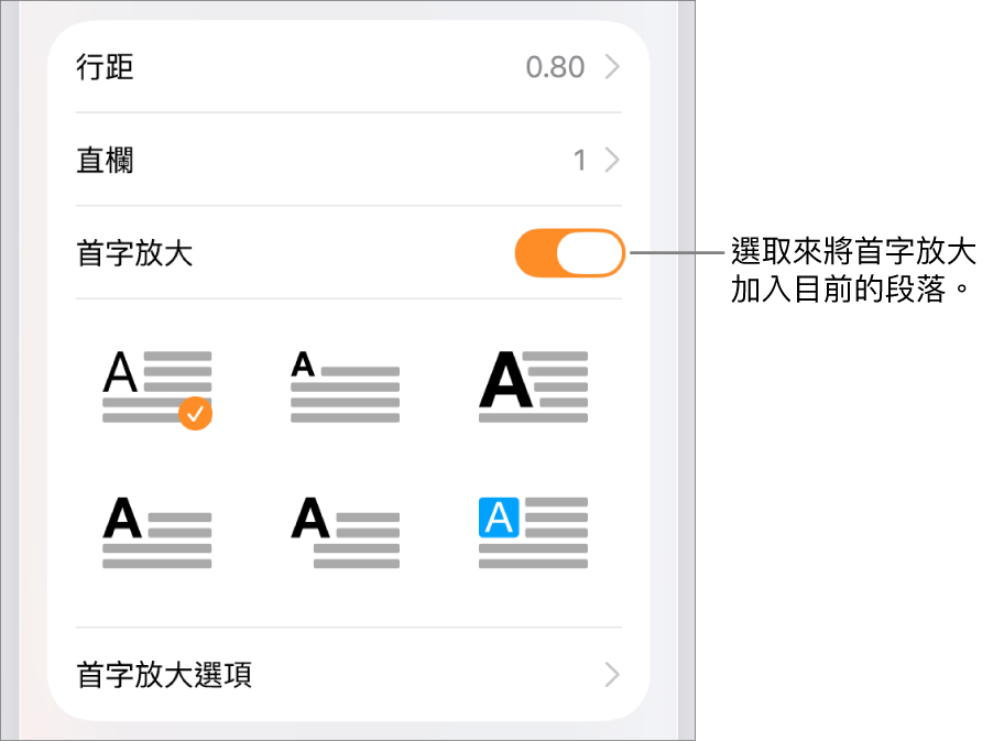 「首字放大」控制項目位於「文字」選單中。
