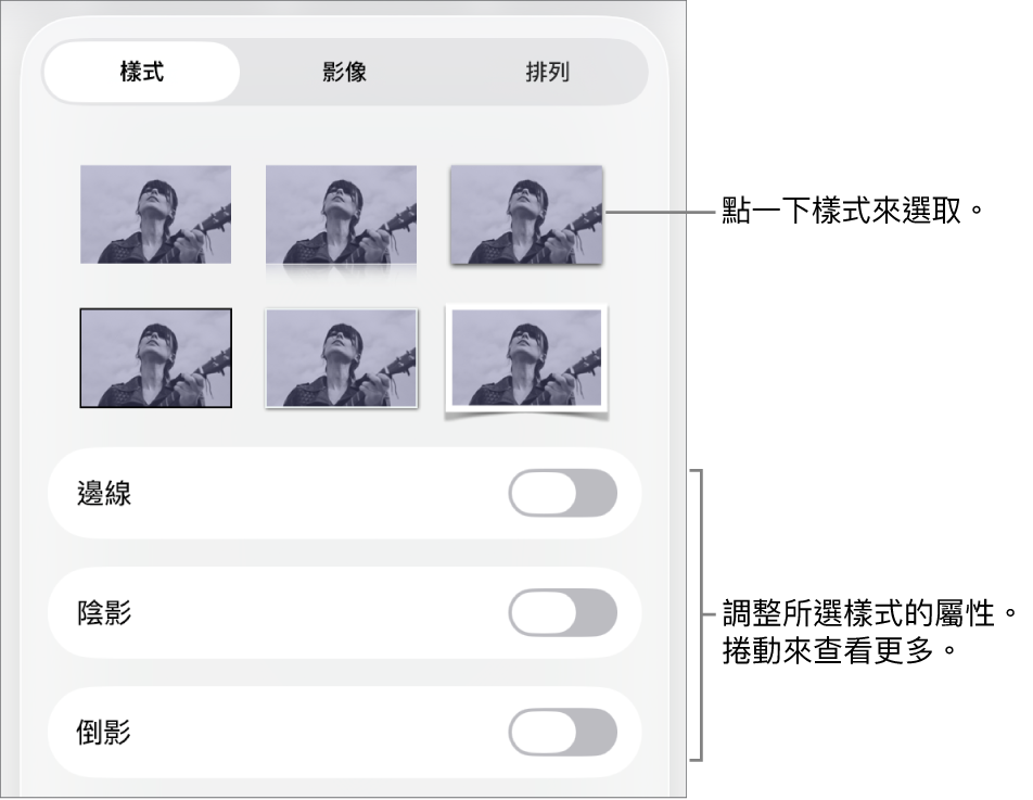 「格式」選單中的「樣式」標籤頁,最上方為物件樣式,下方為用於更改邊線、形狀、倒影和不透明度的控制項目。