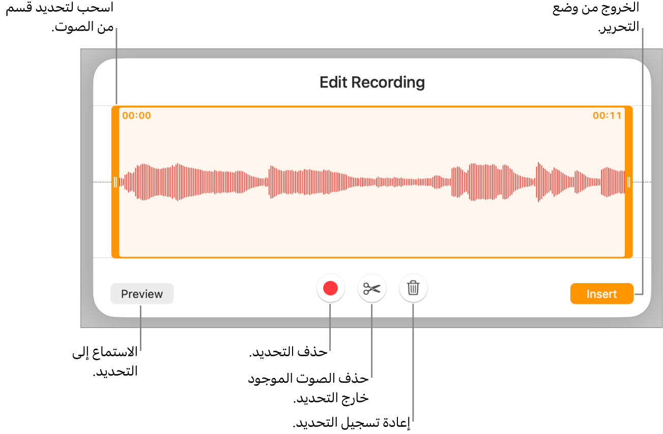 أدوات التحكم لتحرير الملف الصوتي المسجَّل. يوضح المؤشران القسم المحدد من التسجيل، وتوجد بالأسفل أزرار معاينة وتسجيل وقص وحذف ووضع التحرير.